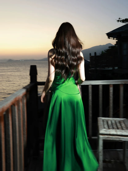 Spaghetti Strap A Line Satin Prom Dress Wedding Guest Dress P1397