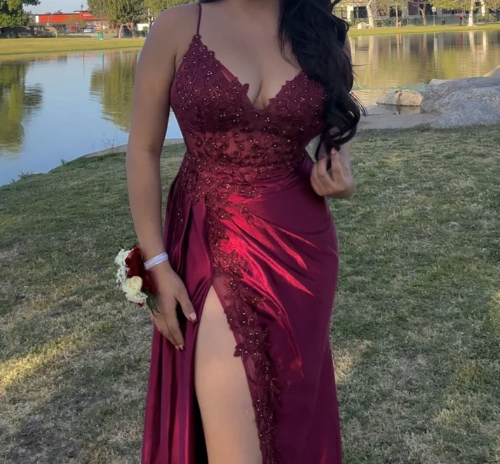 Spaghetti Strap Appliques Burgundy Satin Prom Dress With Slit  P1223