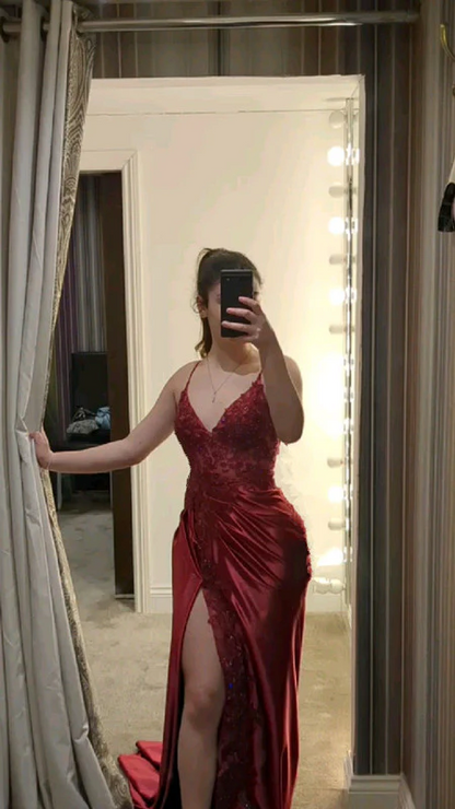 Spaghetti Strap Appliques Burgundy Satin Prom Dress With Slit  P1223