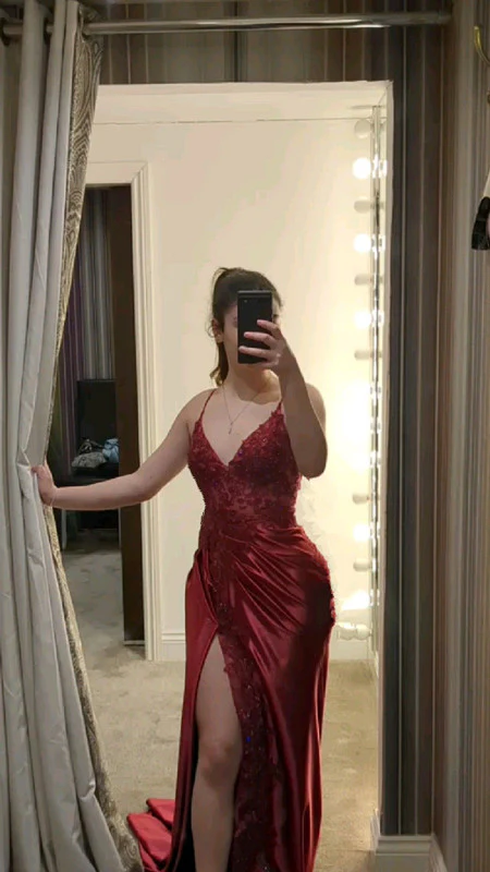 Spaghetti Strap Appliques Burgundy Satin Prom Dress With Slit  P1223