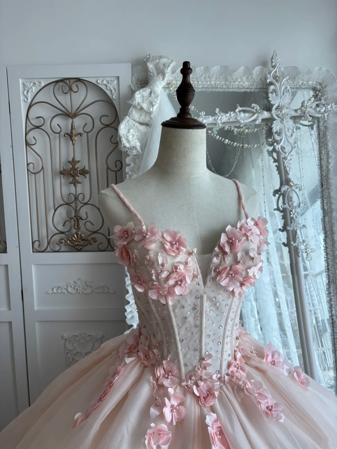 Spaghetti Strap Ball Gown Sweet 16 Birthday Dress With 3d Flowers  P1375
