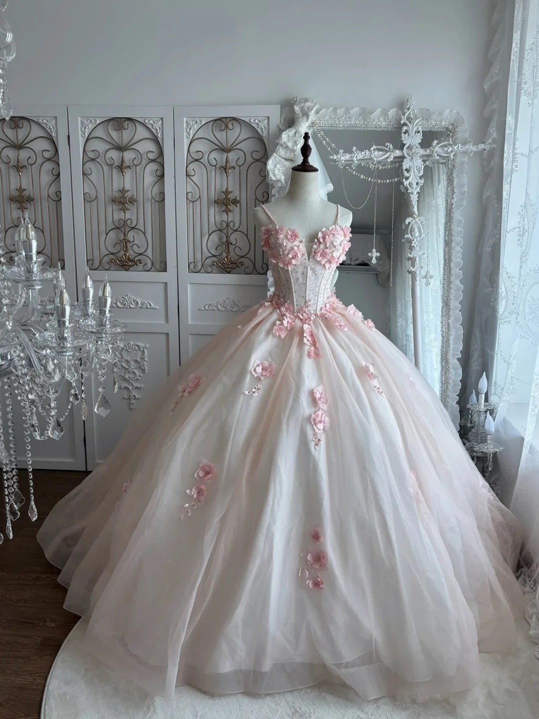 Spaghetti Strap Ball Gown Sweet 16 Birthday Dress With 3d Flowers  P1375