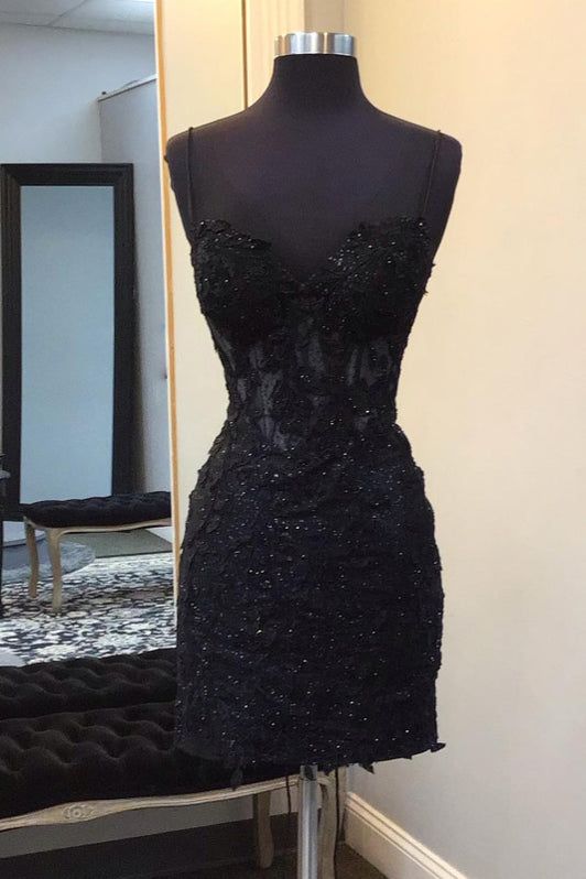 Spaghetti Strap Black Appliques Short Sheath Homecoming Dress  P1536