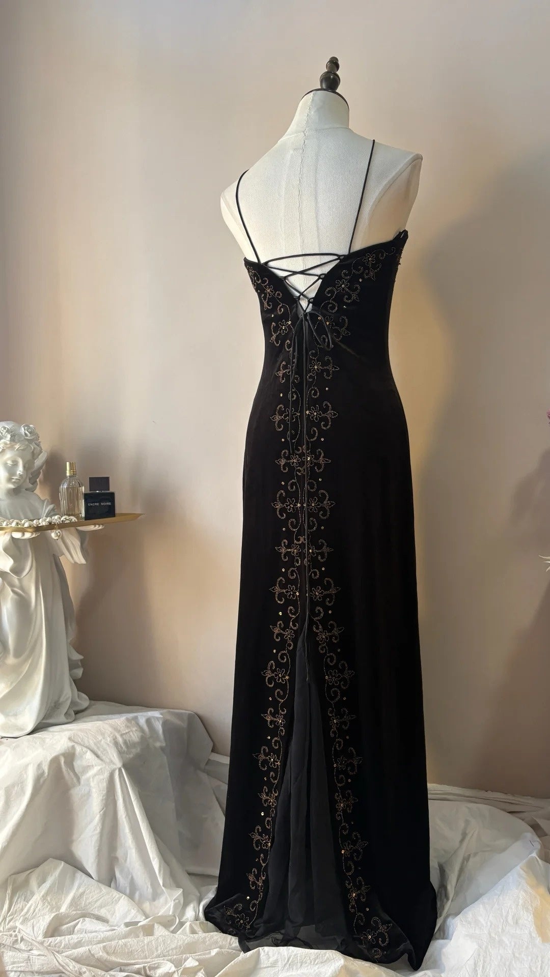 Spaghetti Strap Black Evening Dress Beaded Formal Prom Dress  P1357
