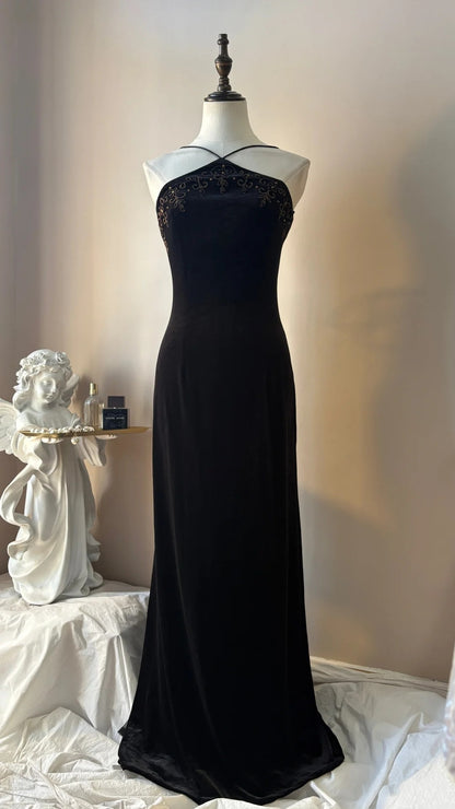 Spaghetti Strap Black Evening Dress Beaded Formal Prom Dress  P1357