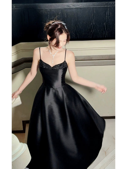 Spaghetti Strap Black Satin A Line Prom Dress  P668