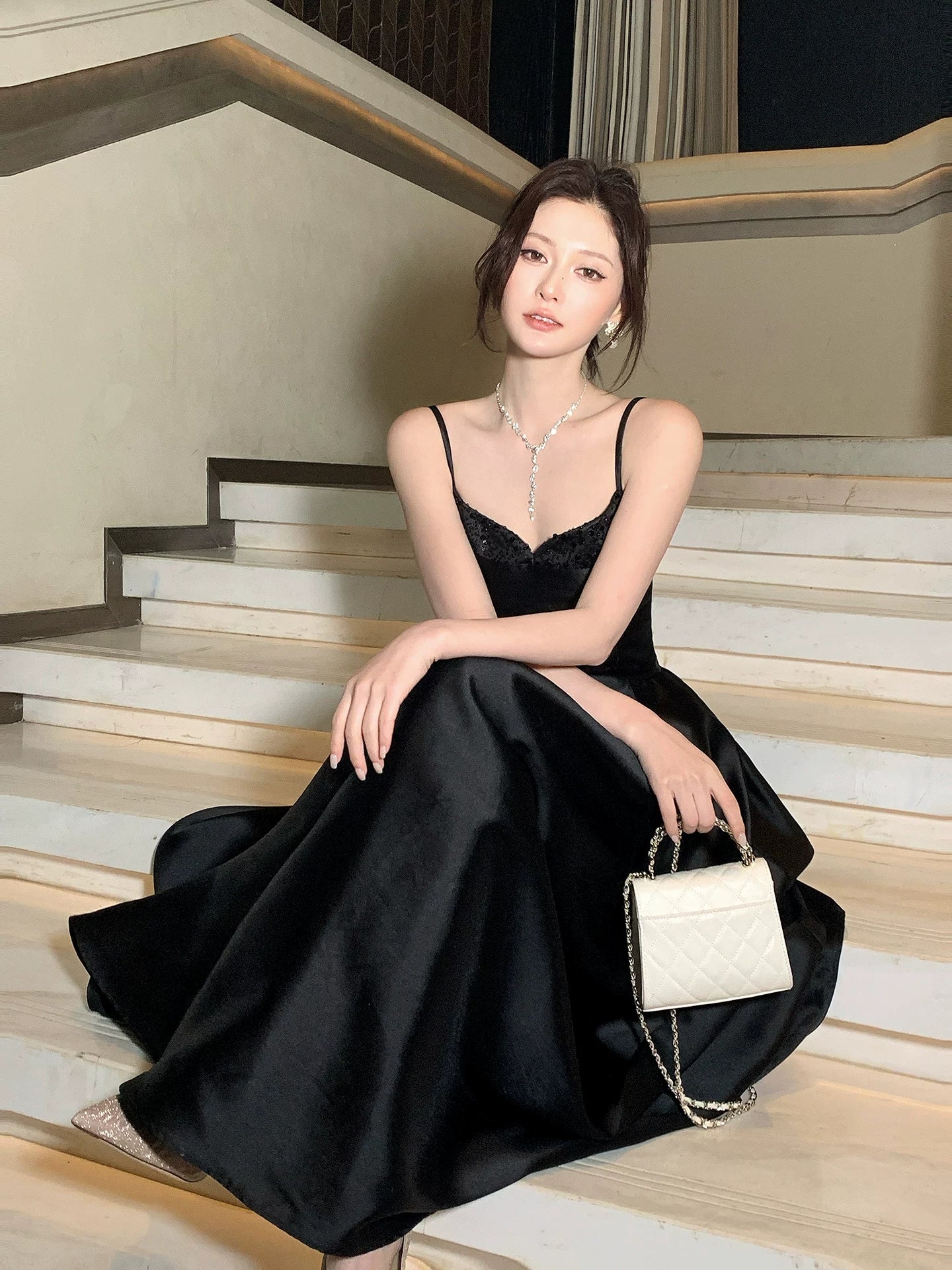 Spaghetti Strap Black Satin A Line Prom Dress  P668