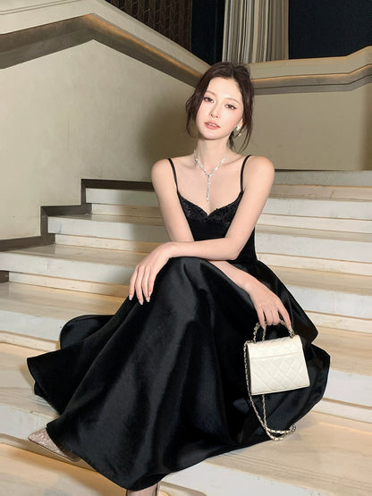 Spaghetti Strap Black Satin A Line Prom Dress  P668
