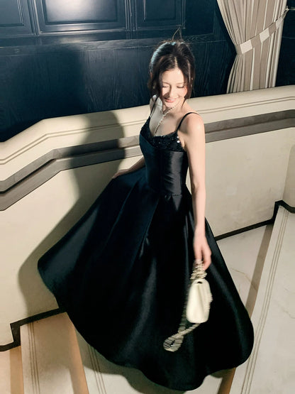 Spaghetti Strap Black Satin A Line Prom Dress  P668