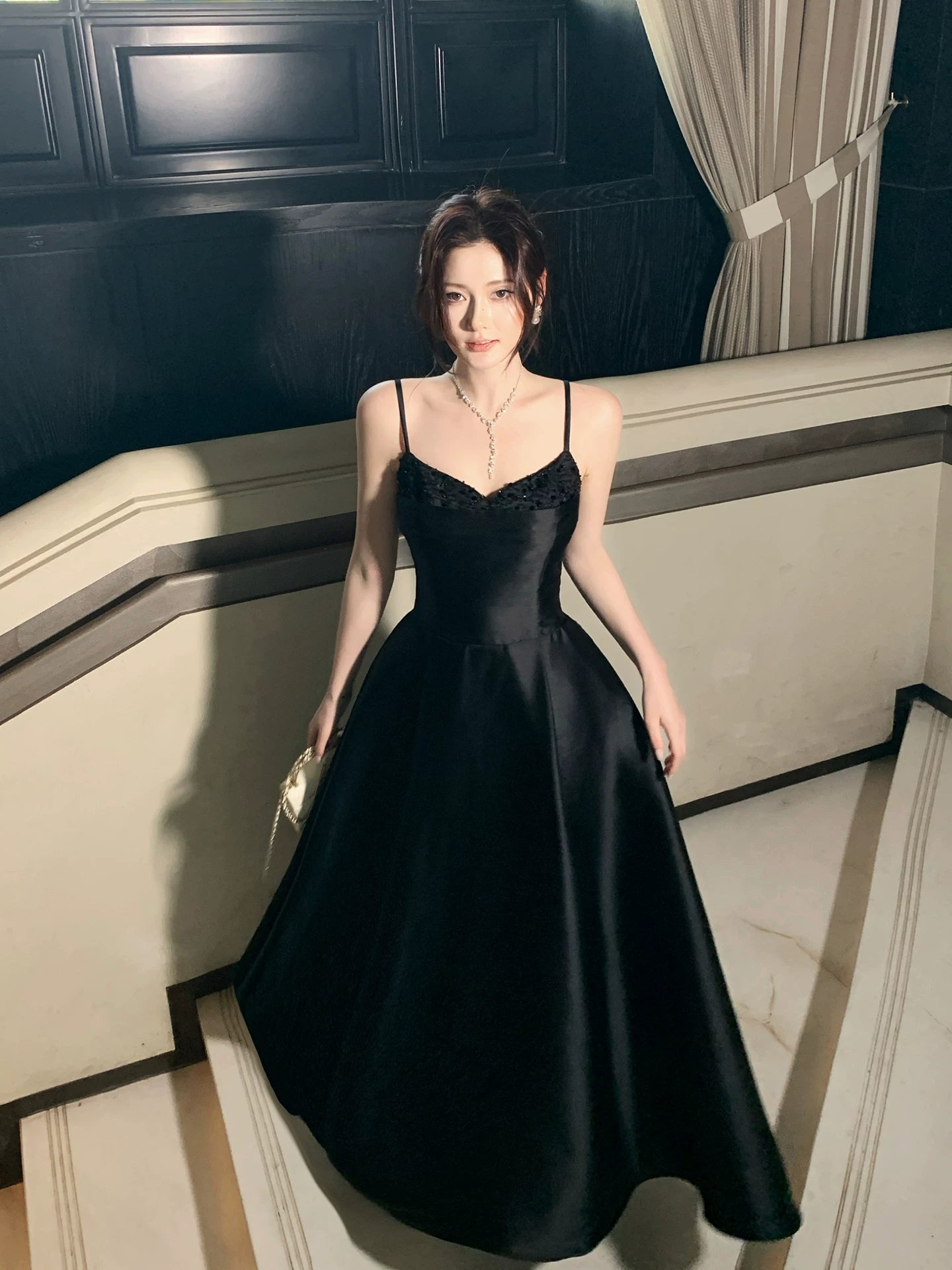 Spaghetti Strap Black Satin A Line Prom Dress  P668