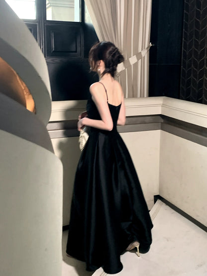 Spaghetti Strap Black Satin A Line Prom Dress  P668