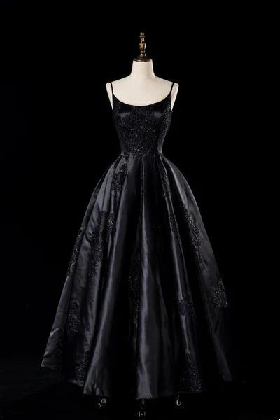 Spaghetti Strap Black Satin Prom Dress With Appliques  P1290