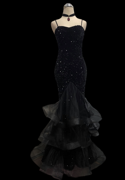 Spaghetti Strap Black Sequins Mermaid Prom Dress Formal Evening Dress  P1060