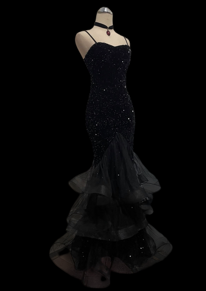 Spaghetti Strap Black Sequins Mermaid Prom Dress Formal Evening Dress  P1060