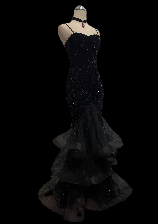 Spaghetti Strap Black Sequins Mermaid Prom Dress Formal Evening Dress  P1060
