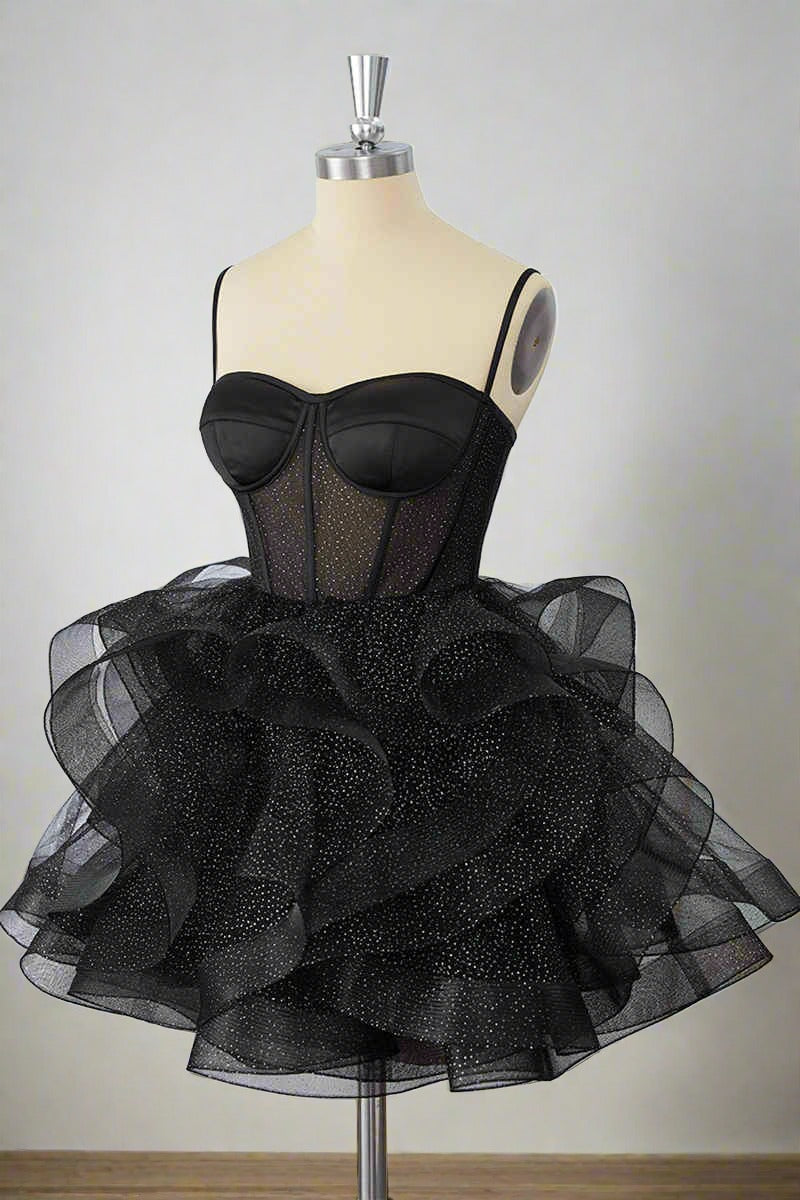 Spaghetti Strap Black Tulle Homecoming Dress Short Birthday Dress  P1345