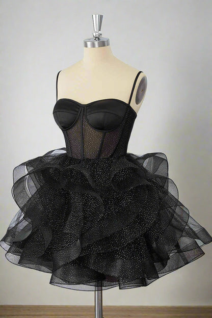Spaghetti Strap Black Tulle Homecoming Dress Short Birthday Dress  P1345