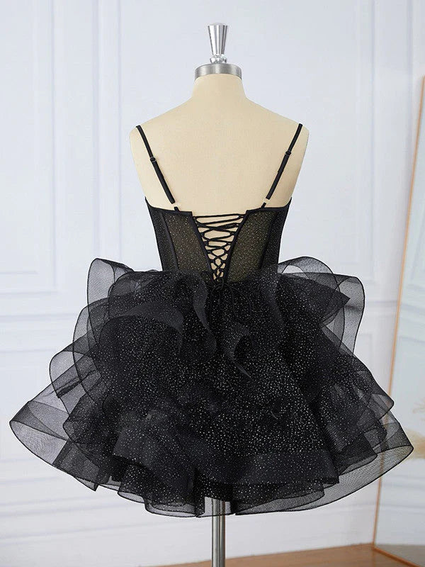Spaghetti Strap Black Tulle Homecoming Dress Short Birthday Dress  P1345