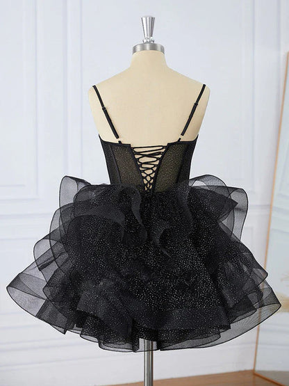 Spaghetti Strap Black Tulle Homecoming Dress Short Birthday Dress  P1345