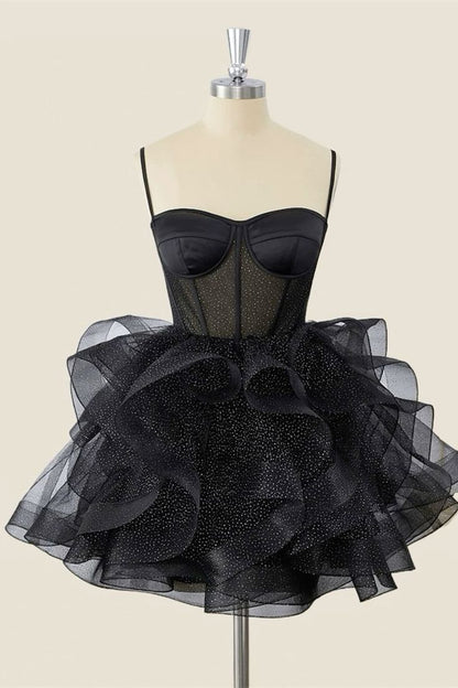 Spaghetti Strap Black Tulle Homecoming Dress Short Birthday Dress  P1345