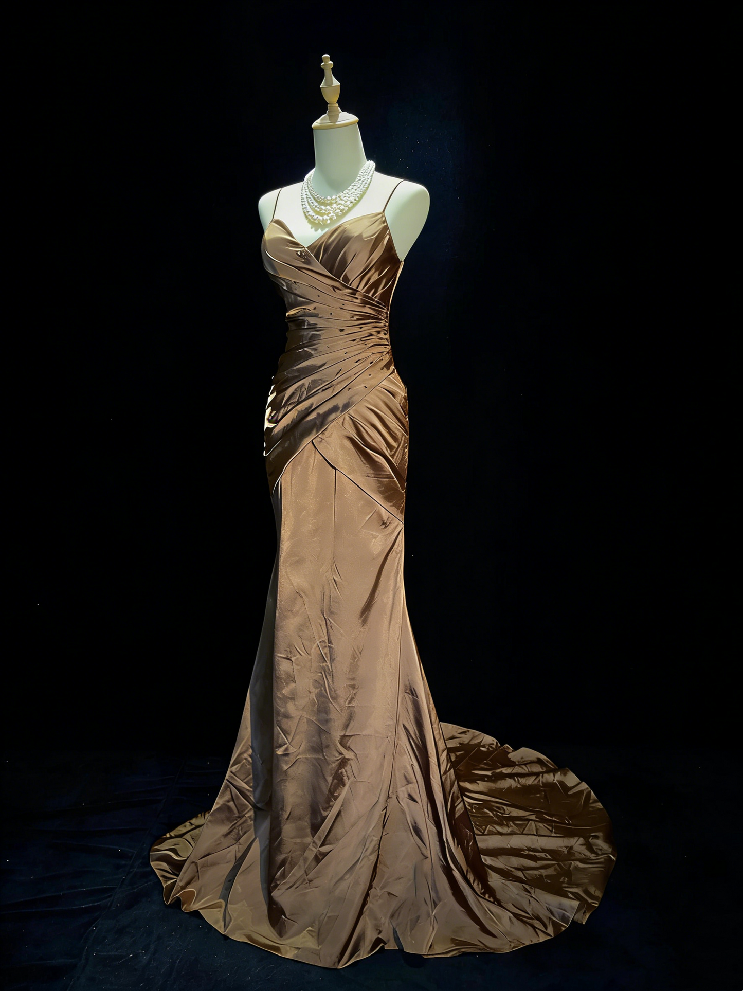 Spaghetti Strap Brown Mermaid Prom Dress Satin Evening Dress  P923