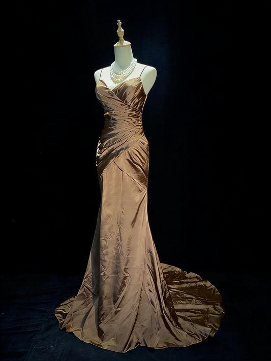 Spaghetti Strap Brown Mermaid Prom Dress Satin Evening Dress  P923