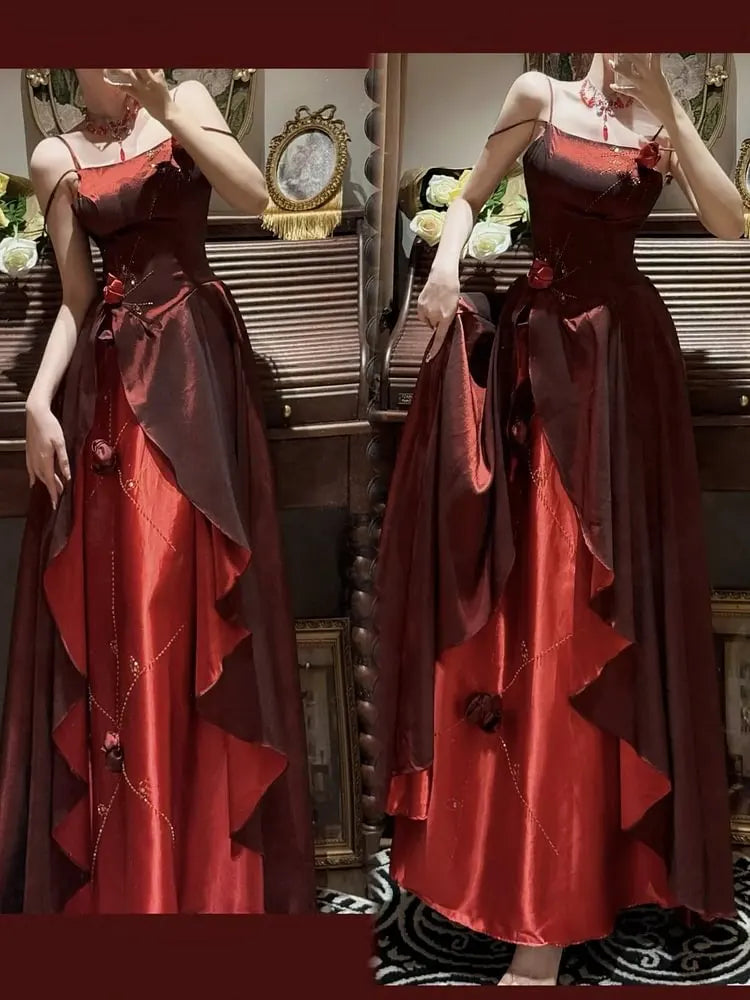 Spaghetti Strap Burgundy A Line Prom Dress Retro Birthday Dress  P1173