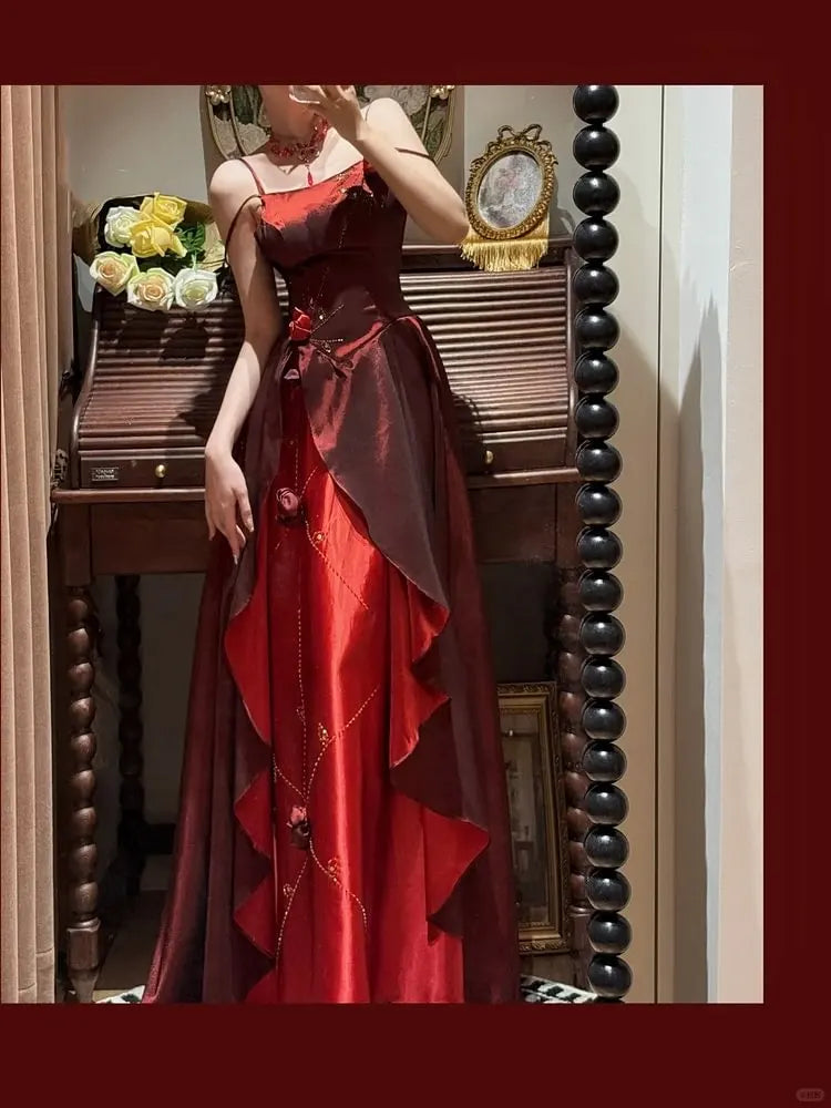 Spaghetti Strap Burgundy A Line Prom Dress Retro Birthday Dress  P1173