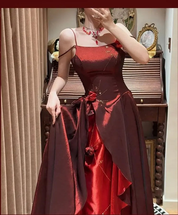 Spaghetti Strap Burgundy A Line Prom Dress Retro Birthday Dress  P1173