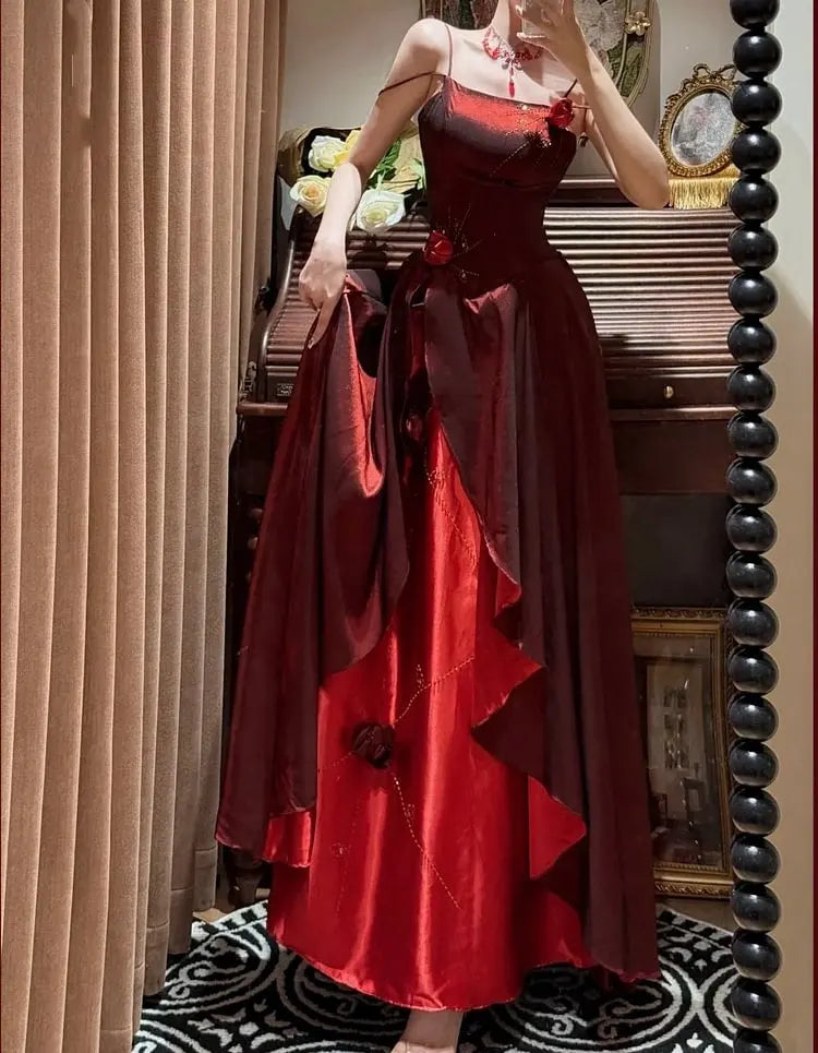 Spaghetti Strap Burgundy A Line Prom Dress Retro Birthday Dress  P1173