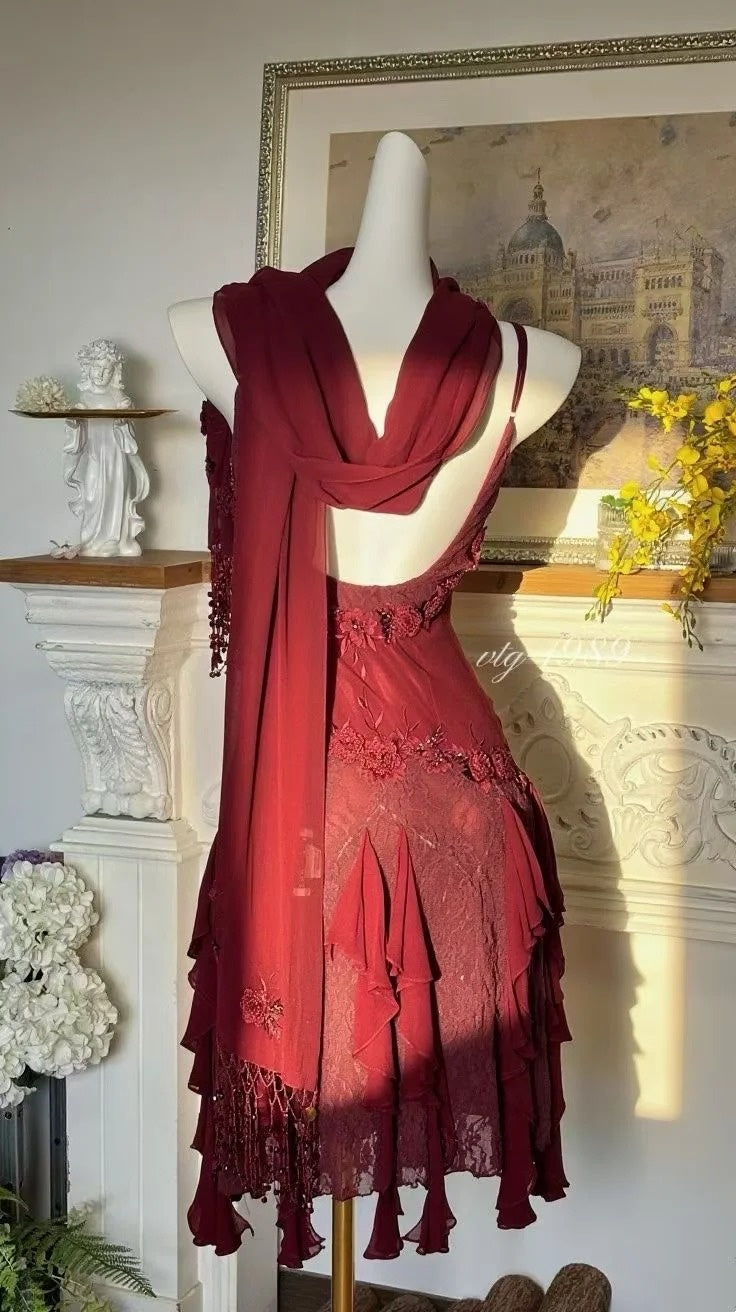 Spaghetti Strap Burgundy Chiffon Homecoming Dress Retro Birthday Dress  P1724
