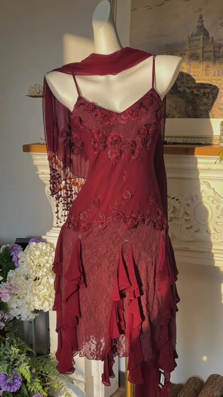 Spaghetti Strap Burgundy Chiffon Homecoming Dress Retro Birthday Dress  P1724