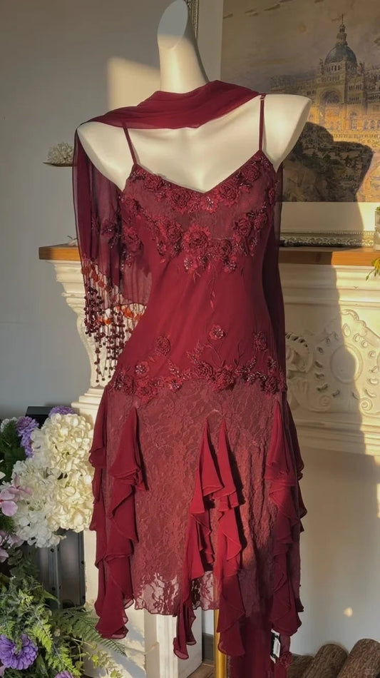 Spaghetti Strap Burgundy Chiffon Homecoming Dress Retro Birthday Dress  P1724