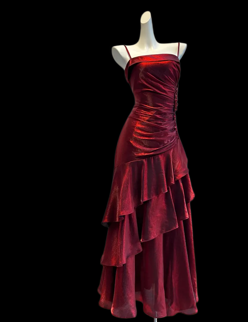Spaghetti Strap Burgundy Formal Prom Dress Ruffled Birthday Dress  P1034