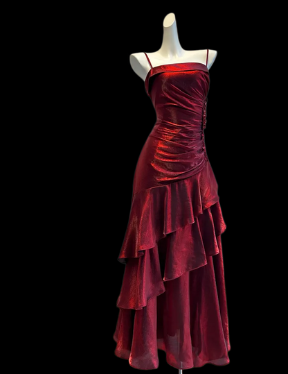 Spaghetti Strap Burgundy Formal Prom Dress Ruffled Birthday Dress  P1034