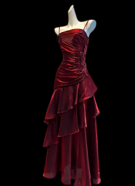 Spaghetti Strap Burgundy Formal Prom Dress Ruffled Birthday Dress  P1034