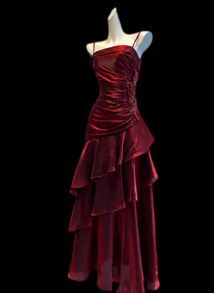 Spaghetti Strap Burgundy Formal Prom Dress Ruffled Birthday Dress  P1034