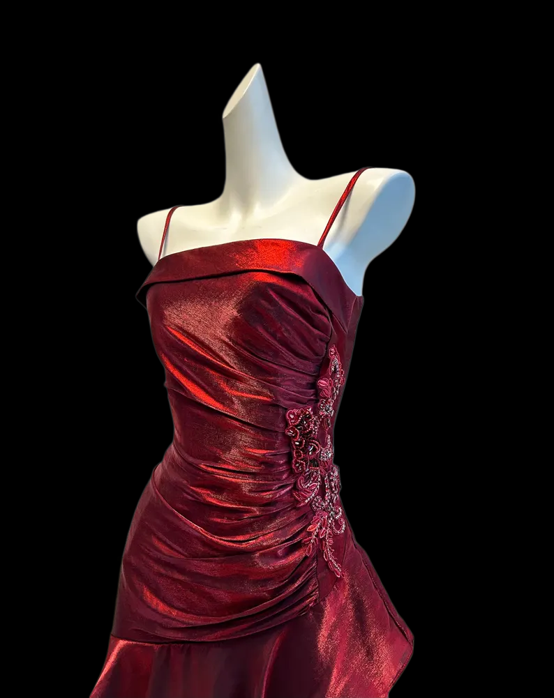 Spaghetti Strap Burgundy Formal Prom Dress Ruffled Birthday Dress  P1034