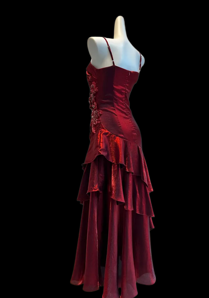 Spaghetti Strap Burgundy Formal Prom Dress Ruffled Birthday Dress  P1034