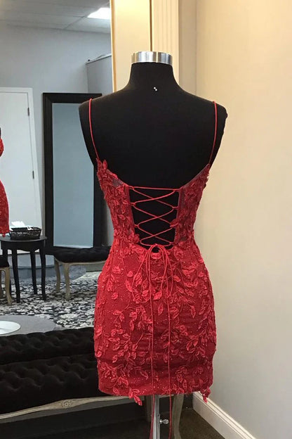 Spaghetti Strap Burgundy Lace Homecoming Dress  P1335