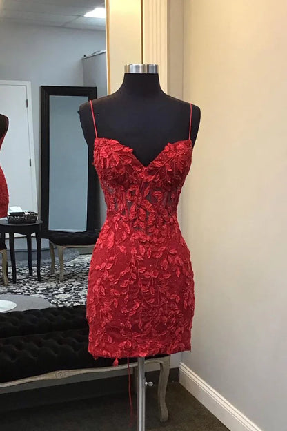 Spaghetti Strap Burgundy Lace Homecoming Dress  P1335