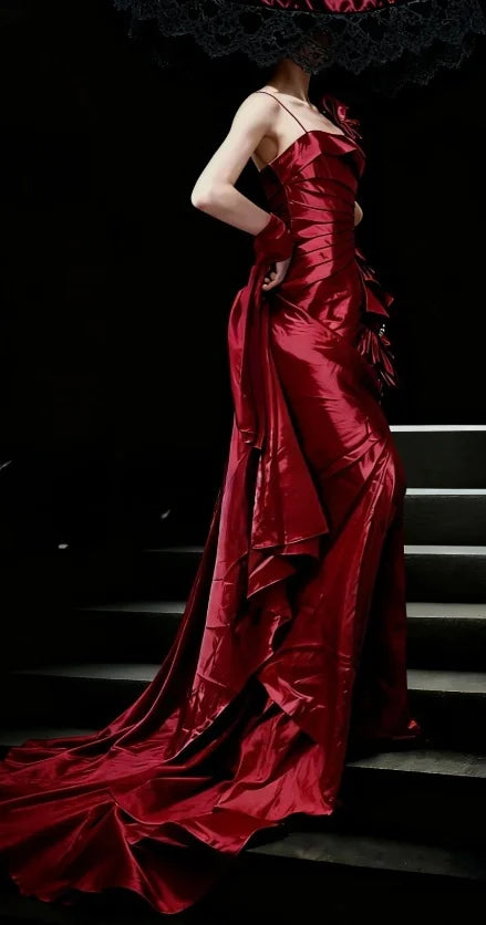 Spaghetti Strap Burgundy Long Prom Dresses Satin Evening Dresses  P895
