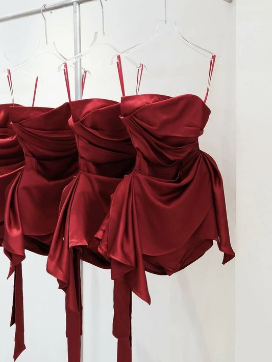 Spaghetti Strap Burgundy Satin Homecoming Dress Short Birthday Dress  P1410