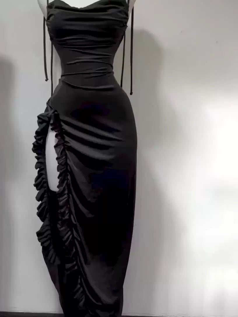 Spaghetti Strap Burgundy Satin Prom Dress Open Back Evening Dress  P1468