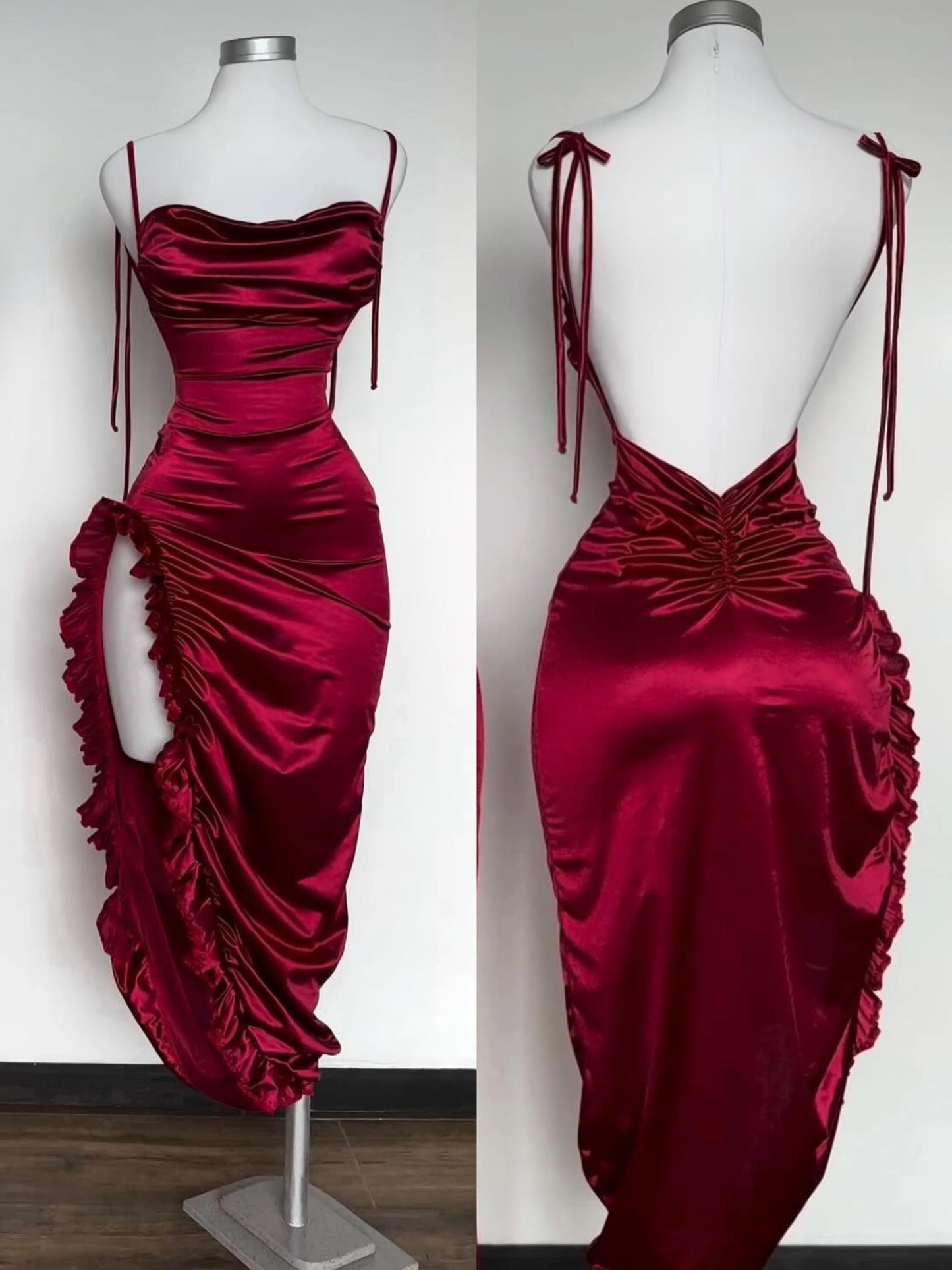 Spaghetti Strap Burgundy Satin Prom Dress Open Back Evening Dress  P1468