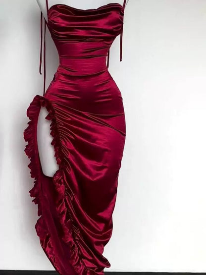 Spaghetti Strap Burgundy Satin Prom Dress Open Back Evening Dress  P1468
