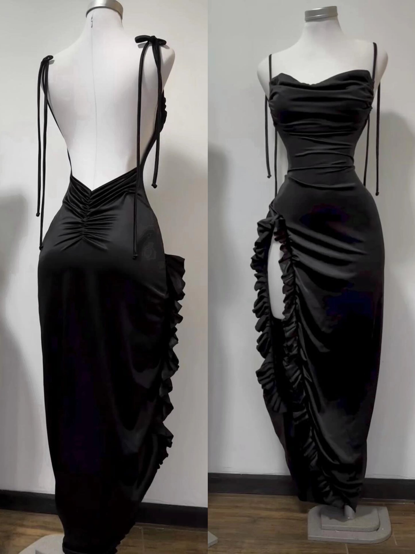 Spaghetti Strap Burgundy Satin Prom Dress Open Back Evening Dress  P1468