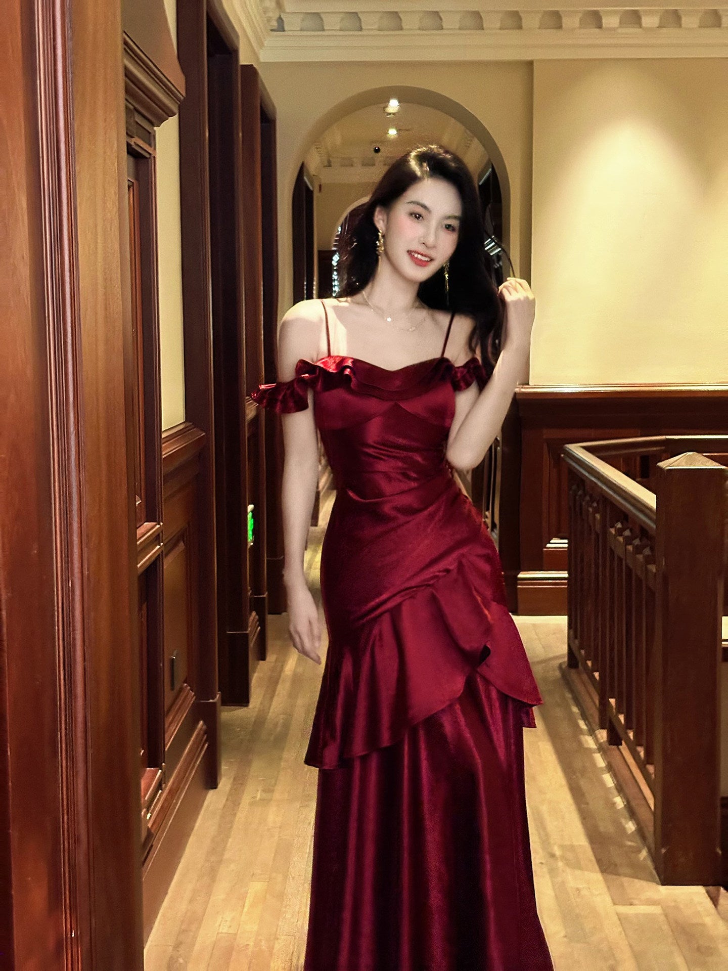 Spaghetti Strap Burgundy Satin Prom Dress Ruffled Formal Dress  P1106