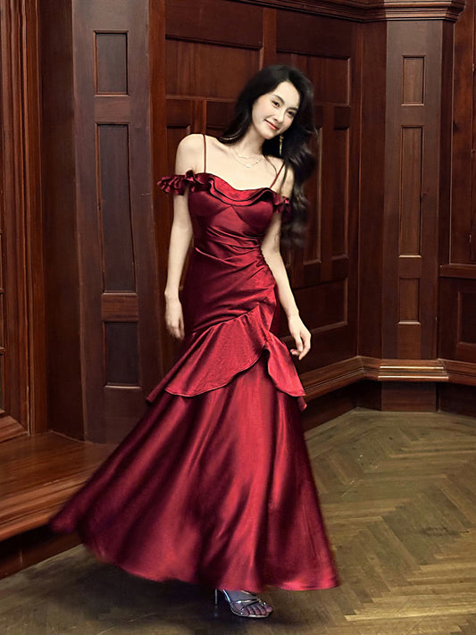 Spaghetti Strap Burgundy Satin Prom Dress Ruffled Formal Dress  P1106