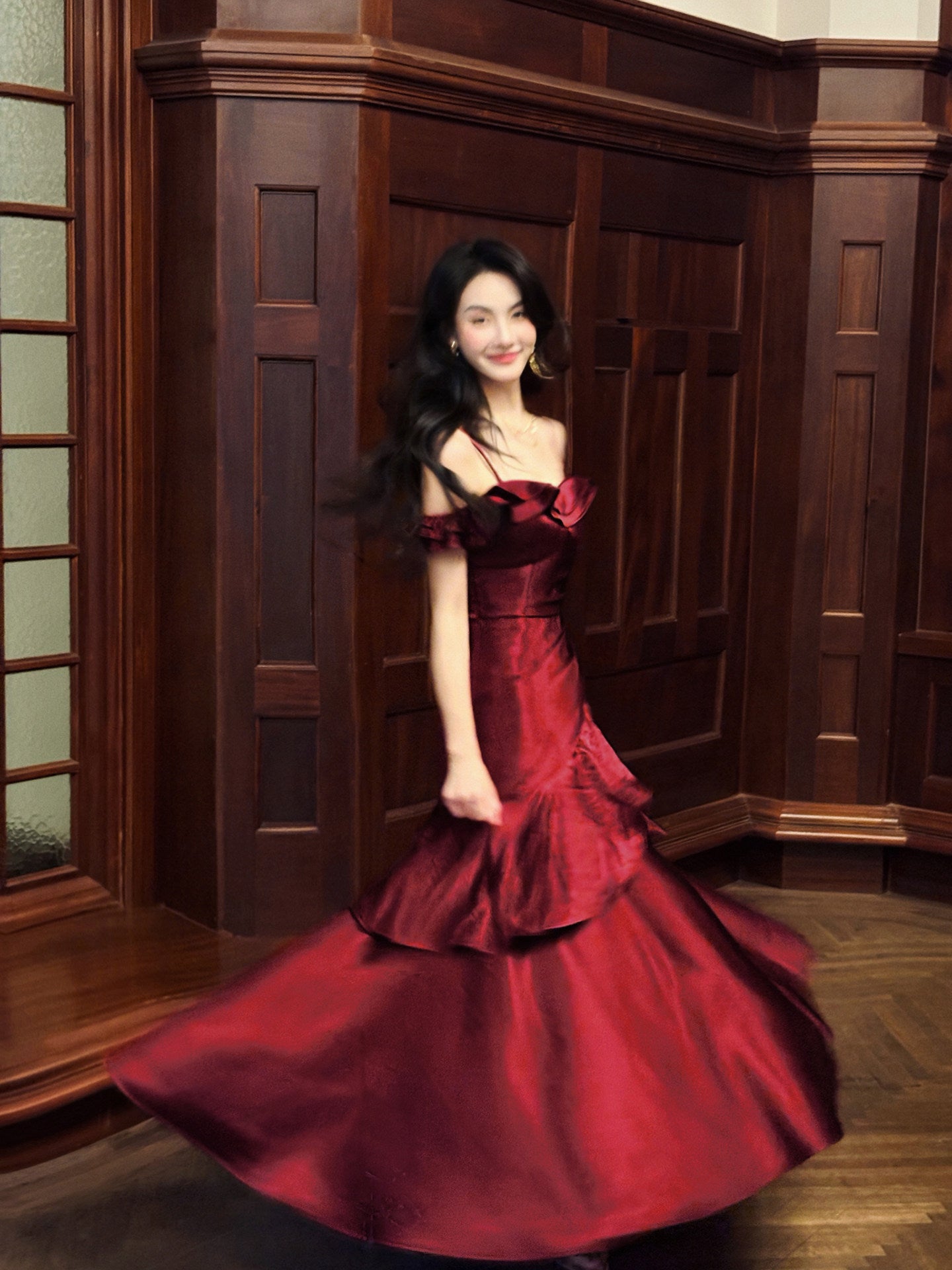 Spaghetti Strap Burgundy Satin Prom Dress Ruffled Formal Dress  P1106